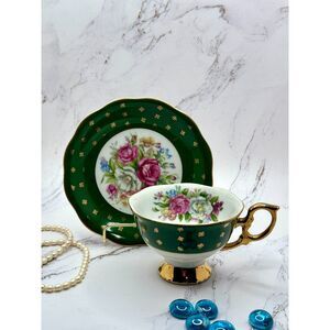 Shafford Japan Tea Cup & Saucer, vintage 1960s, Green with Gold, Floral Pattern